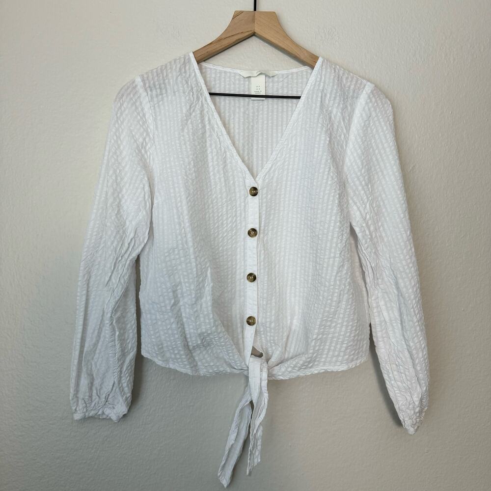 H&M Womens White Sheer Blouse V-Neck Button Tie Front Lightweight Girly Size 8